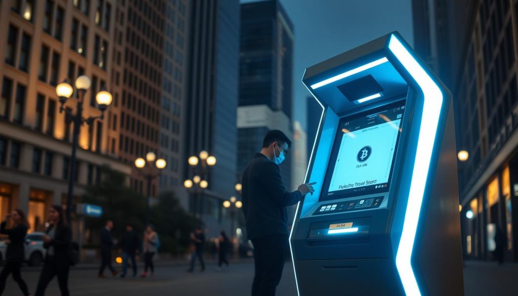 A brightly lit, modern cryptocurrency ATM machine stands in the foreground, its sleek, angular design and illuminated display creating a futuristic atmosphere. In the middle ground, a person discreetly interacts with the ATM, their face obscured to maintain anonymity. The background is a bustling urban setting, with tall buildings, street lamps, and a sense of activity, hinting at the discrete, yet convenient nature of this cryptocurrency transaction. The lighting is crisp and directional, casting shadows and highlighting the technological details of the ATM. The overall scene conveys a sense of efficiency, security, and the growing integration of digital currencies into everyday life.