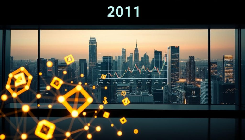 A bustling crypto trading platform in the year 2011, set against a sleek, minimalist backdrop. In the foreground, digital assets represented by glowing wireframe shapes float and interact, conveying the dynamic nature of early cryptocurrency exchange. The middle ground features a clean, intuitive user interface with elegant charts and data visualizations, hinting at the user experience. The background is framed by a softly lit cityscape, suggesting the global reach and impact of this pioneering platform. The overall scene evokes a sense of innovation, progress, and the dawn of a new financial era.