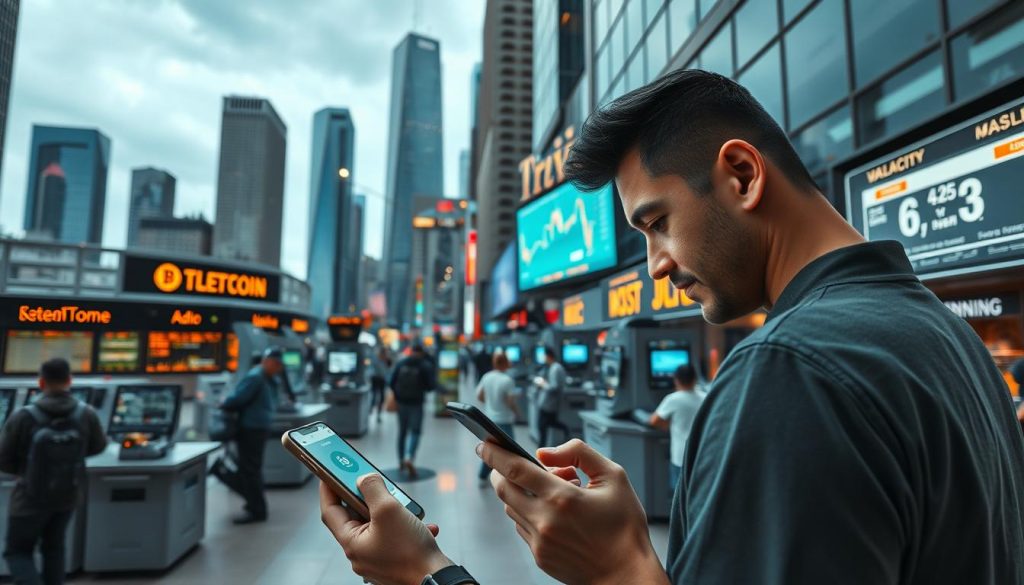 A bustling cryptocurrency trading scene set in a modern urban environment. In the foreground, a person intently studying a smartphone, navigating a secure digital wallet interface to seamlessly purchase USDT. In the middle ground, various transaction terminals and trading screens, displaying real-time market data and exchange rates. The background features the iconic skyscrapers and infrastructure of a major U.S. city, conveying a sense of financial prowess and technological innovation. Warm, diffused lighting and a clean, minimalist aesthetic create an atmosphere of professionalism and trustworthiness, perfectly capturing the essence of a reliable USDT purchasing experience in the United States.