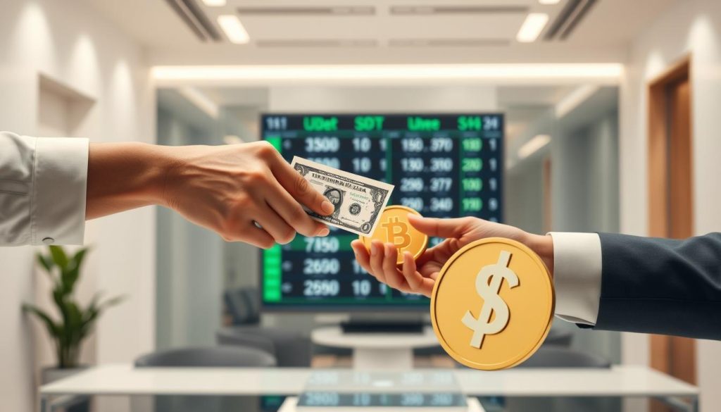 A bustling financial transaction scene with a prominent US dollar symbol and a USDT cryptocurrency logo. The foreground depicts two hands exchanging currency, conveying the action of transferring funds. The middle ground showcases a digital display with real-time exchange rates, creating a sense of financial transparency. The background features a modern, minimalist office setting with clean lines and neutral tones, evoking a professional, high-tech atmosphere. Soft, diffused lighting illuminates the scene, lending a sense of sophistication and security to the financial exchange. The overall composition emphasizes the seamless integration of traditional and digital currencies, reflecting the versatility of money management in the digital age.