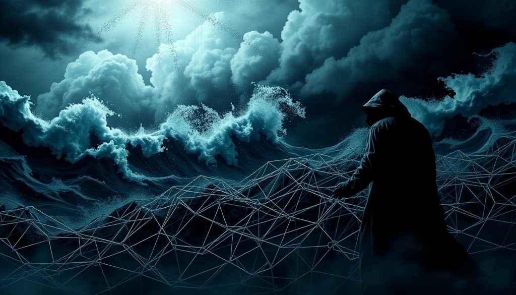 A chaotic and foreboding landscape of the blockchain, with ominous clouds and turbulent digital waves crashing against a dark, glitchy backdrop. In the foreground, a tangled web of interconnected chains and nodes, representing the complex and ever-changing nature of on-chain risks. Amidst the chaos, a looming figure, partially obscured, symbolizing the unseen forces and uncertainties that govern the decentralized world. The scene is lit by an ominous, low-angled light, casting deep shadows and creating a sense of unease and foreboding. The overall atmosphere conveys the fragility and unpredictability of the cryptocurrency ecosystem, hinting at the need for vigilance and careful consideration of on-chain risks.