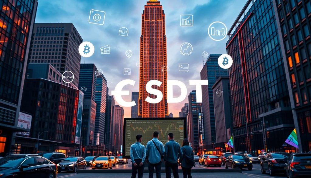 A cityscape at dusk, with a prominent skyscraper in the center, its facade illuminated by warm, golden light. In the foreground, a group of people standing in front of a large digital display, engrossed in a cryptocurrency trading platform interface. Surrounding them, various financial symbols and infographics hover in the air, conveying the process of purchasing USDT. The background is filled with a bustling metropolis, with cars and pedestrians moving through the streets, creating a sense of the global financial market in motion.