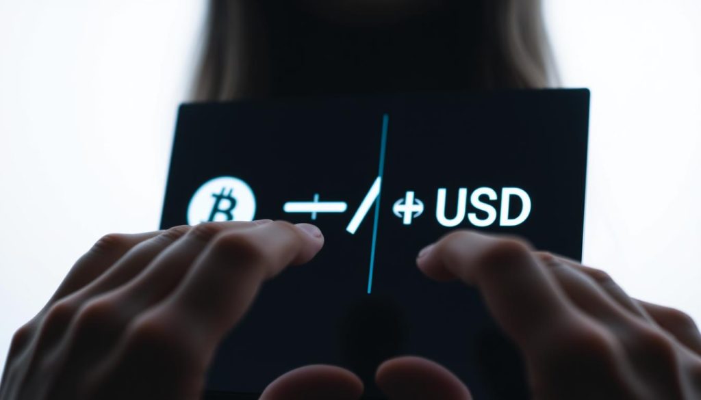 A close-up view of a digital currency exchange interface, with the "USDT" and "USD" icons prominently displayed. The interface is sleek and modern, with a clean, minimalist design. The background is a soft, neutral tone, allowing the exchange details to take center stage. The user's hands are visible, interacting with the interface, as they navigate the conversion process. Subtle lighting creates depth and highlights the key elements. The overall mood is one of simplicity, efficiency, and financial empowerment.