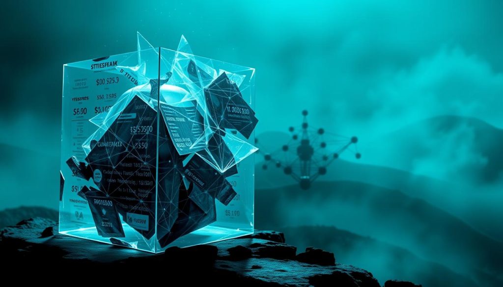 A complex, multi-layered data visualization showcasing the "Risk Profile: Reserve Transparency, Decoupling, and Platform Technology" for the Tether (USDT) cryptocurrency. In the foreground, a transparent, distorted cube represents the opaque nature of Tether's reserves, with fragmented financial data and metrics flowing through it. In the middle ground, a network of interconnected nodes and lines depicts the complex, decentralized nature of the platform's technology. In the background, a hazy, moody landscape suggests the inherent risks and volatility of the cryptocurrency market. The scene is bathed in a cool, blue-green color palette, conveying a sense of unease and uncertainty. The lighting is dramatic, with sharp shadows and highlights emphasizing the contrast between transparency and opacity, stability and risk.
