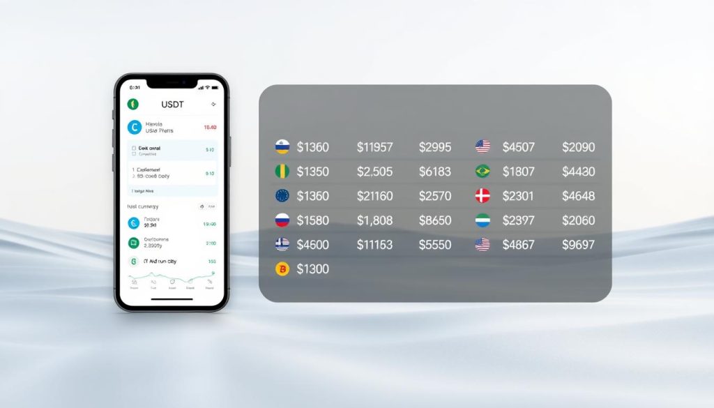 A crisp and clean visual representation of the USDT to fiat currency exchange process. A digital wallet or exchange platform interface in the foreground, featuring sleek UI elements and transaction details. In the middle ground, an array of various national currencies and their corresponding exchange rates against USDT, displayed in a clear, informative manner. The background depicts a serene, minimalist landscape suggestive of financial stability and security, with subtle lighting and a calming color palette to evoke a sense of trust and reliability. The overall composition should convey the seamless, compliant, and trustworthy nature of the USDT to fiat conversion experience.