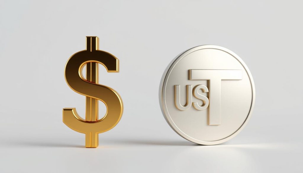 A detailed 3D render of two distinct currency symbols - the United States Dollar (USD) and the Tether cryptocurrency (USDT) - set against a clean, minimalist background. The USD symbol is rendered in a classic gold metallic finish, while the USDT symbol is depicted in a sleek silver. Both are positioned in a way that creates a clear, visually striking comparison between the two. The lighting is soft and diffused, creating an elegant, high-end aesthetic. The camera angle is slightly elevated, giving the image a sense of authority and importance, as if showcasing a financial or economic concept. The overall mood is one of precision, clarity, and the relationship between traditional fiat currency and emerging digital assets.