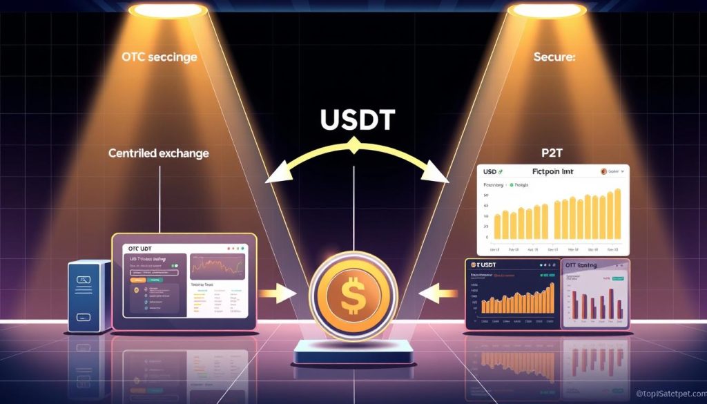 A detailed illustration showcasing the different USDT exchange methods, including a centralized exchange, OTC trading, and P2P transactions. Set against a sleek, futuristic backdrop with subtle grid patterns, the scene depicts intuitive user interfaces, secure transaction flows, and comparative analytics. Crisp, high-contrast lighting highlights the key elements, creating a sense of technological sophistication. The composition balances the various exchange options, inviting the viewer to explore the relative merits of each approach. An authoritative, informative tone pervades the image, aligning with the article's educational goals.