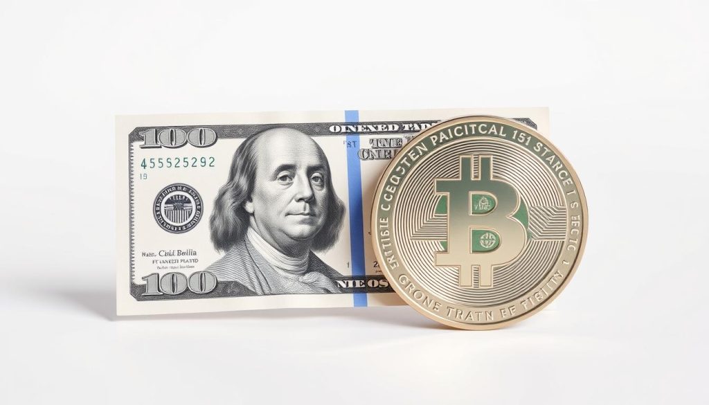A detailed rendering of a USD banknote and a USDT cryptocurrency token, displayed side-by-side against a clean, minimalist backdrop. The USD note is crisp and well-lit, showcasing its distinct design features and intricate patterns. The USDT token, in contrast, has a sleek, modern appearance, its metallic sheen catching the light. The composition is balanced, with the two financial instruments given equal visual weight, emphasizing their relationship and real-time exchange rate. The overall mood is one of clarity and financial transparency, reflecting the informative nature of the article section.