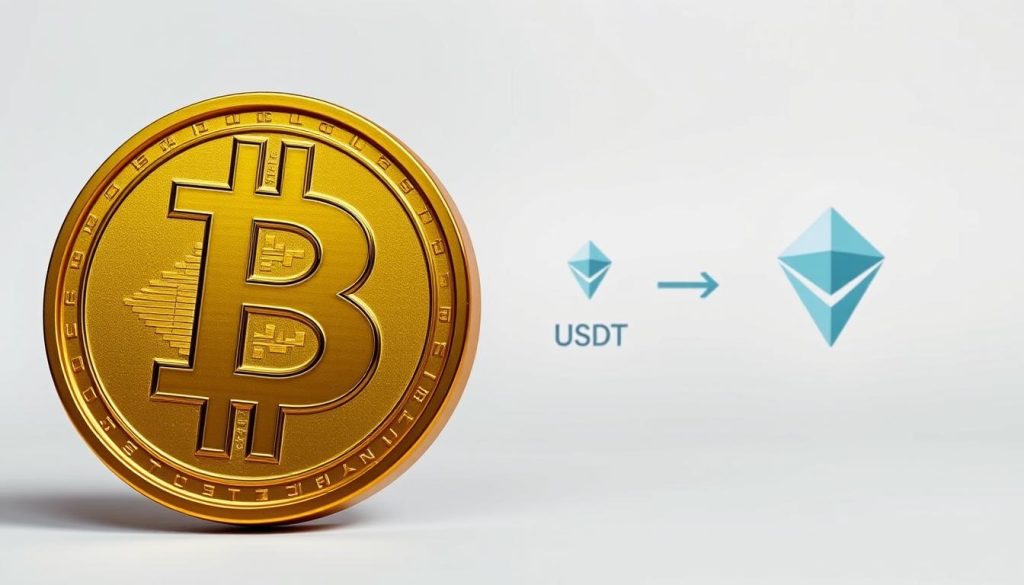 A detailed step-by-step guide on how to convert BTC to USDT, showcased against a clean, minimalist background. In the foreground, display the BTC and USDT cryptocurrency symbols prominently, with clear illustrations of the exchange process and transaction flow. Include subtle lighting and camera angles to create a professional, authoritative visual aesthetic. The overall mood should convey a sense of simplicity, ease, and reliability in the BTC to USDT exchange process.