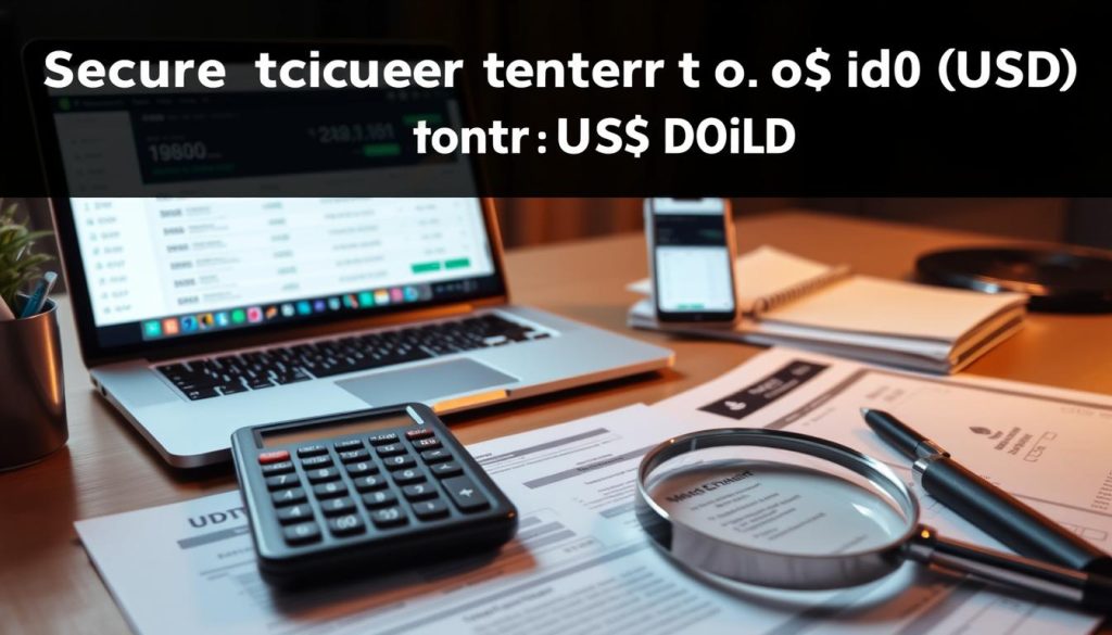A detailed step-by-step process to securely convert Tether (USDT) to US Dollars (USD). A workspace with a laptop, mobile phone, and financial documents. The laptop displays a USDT-to-USD exchange dashboard. The phone shows a cryptocurrency wallet app. In the foreground, financial papers, a calculator, and a magnifying glass emphasize the care and diligence required. Soft, warm lighting creates a professional, authoritative atmosphere. The composition focuses on the workflow, conveying a sense of reliability and trustworthiness for the financial conversion process.