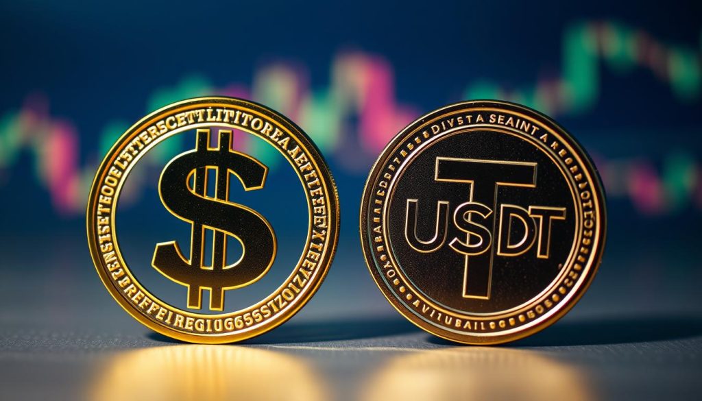 A detailed visual representation of the US Dollar (USD) and Tether (USDT) cryptocurrency exchange rate, captured in a striking, realistic style. The image depicts the two currency symbols, USD and USDT, placed side by side, with a dynamic, gradient-filled background that conveys a sense of financial data and digital finance. The symbols are rendered with a high level of detail, showcasing their distinct visual characteristics. The lighting is soft and diffused, creating a sense of depth and emphasizing the dimensional quality of the elements. The overall composition is balanced and visually appealing, effectively illustrating the relationship between the two financial instruments.