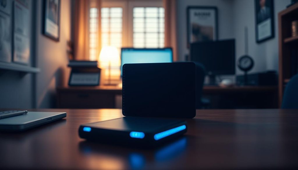 A dimly lit, secure home office setting featuring a cold hardware wallet prominently displayed on a wooden desk. The wallet casts a soft glow, illuminating the surrounding area with a sense of digital asset protection. The background is slightly blurred, but hints at a well-organized workspace with minimal clutter, conveying a professional, responsible approach to cryptocurrency management. The lighting is subtle, creating a serious yet reassuring atmosphere, emphasizing the importance of safeguarding digital assets through the use of a cold wallet solution. The image should communicate the concepts of financial security, compliance, and responsible asset management.
