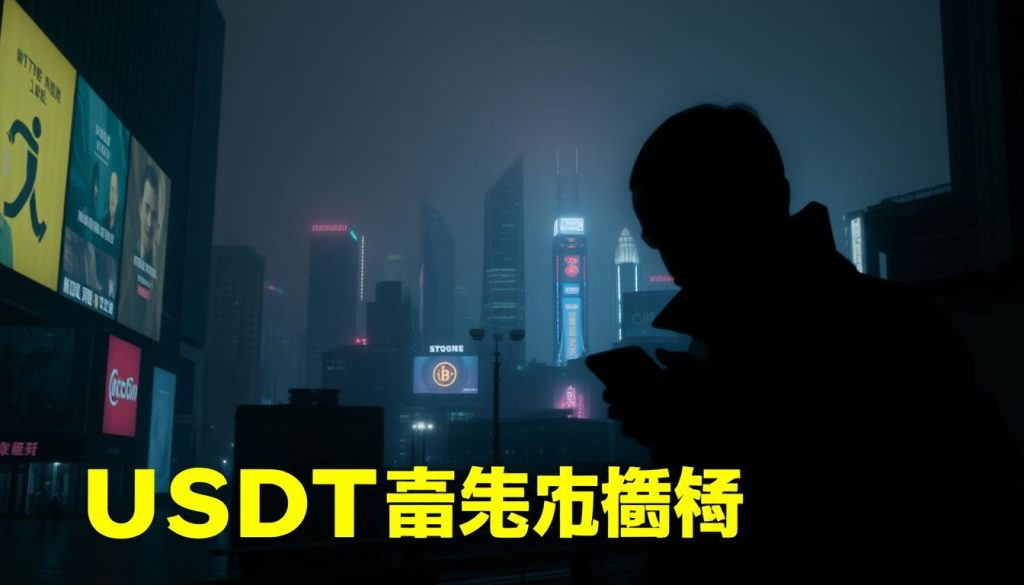 A dimly lit urban scene, with a shadowy figure in the foreground carefully examining a smartphone screen. In the middle ground, a cluster of skyscrapers and neon signs cast an eerie glow, hinting at the bustling city's dark underbelly. The background is shrouded in a fog of uncertainty, evoking a sense of unease and the ever-present threat of financial fraud. The lighting is dramatic, casting deep shadows and highlights that heighten the sense of mystery and danger. The overall mood is one of suspicion and caution, reflecting the subject of "USDT 诈骗防范" and the need to be vigilant against the potential for deception.