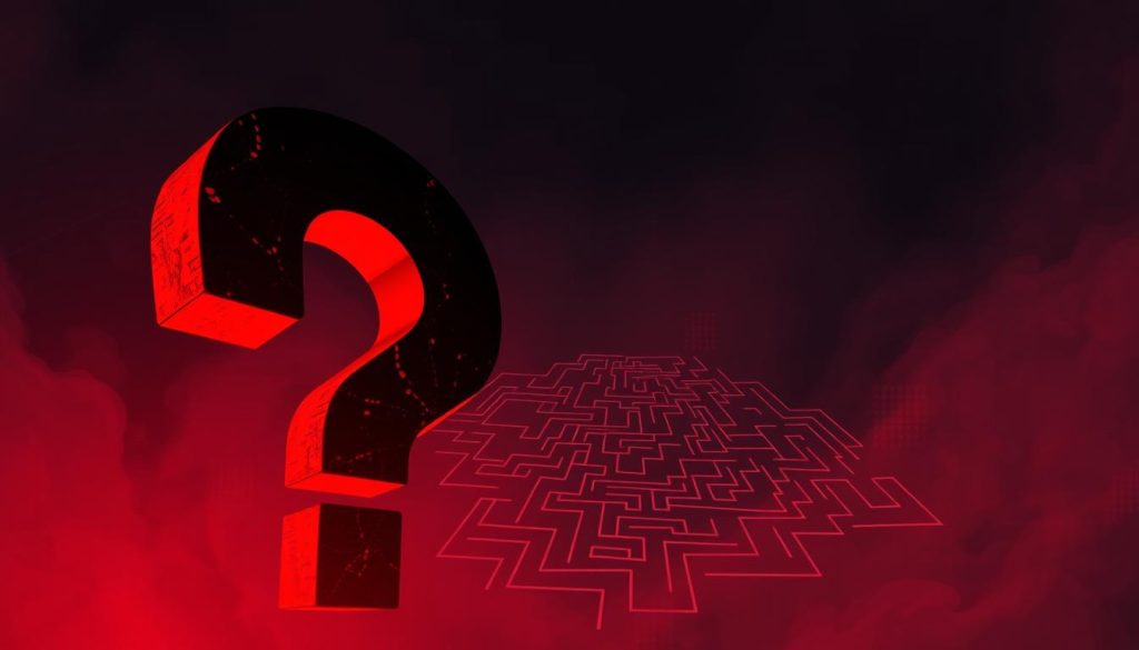 A dramatic, high-contrast digital illustration depicting the concept of "risk" in the context of cryptocurrency trading and transactions. The foreground features a large, menacing question mark shape in shades of red and black, evoking a sense of danger and uncertainty. The middle ground showcases a maze-like structure of interconnected lines and shapes, representing the complex web of financial regulations, KYC procedures, and security measures that traders must navigate. The background is shrouded in an ominous, smoky atmosphere, with subtle hints of a cityscape or technological infrastructure to convey the broader financial landscape. The overall tone is one of tension, caution, and the need for careful risk management in the digital currency space.
