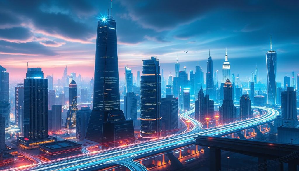 A dynamic, futuristic cityscape depicting the interconnected world of ETFs and institutional investment channels. In the foreground, a towering skyscraper with a sleek, modern design represents the commanding presence of institutional investors. The middle ground features a network of sleek, illuminated conduits and data streams, symbolizing the efficient flow of information and capital between ETFs and the institutional market. In the background, a vibrant skyline with towering buildings, glowing neon accents, and a sense of technological advancement sets the stage for this financial ecosystem. The scene is bathed in a cool, blue-tinted lighting that evokes a sense of innovation and technological prowess. The overall composition conveys the power, precision, and interconnectedness of the ETF and institutional investment landscape.