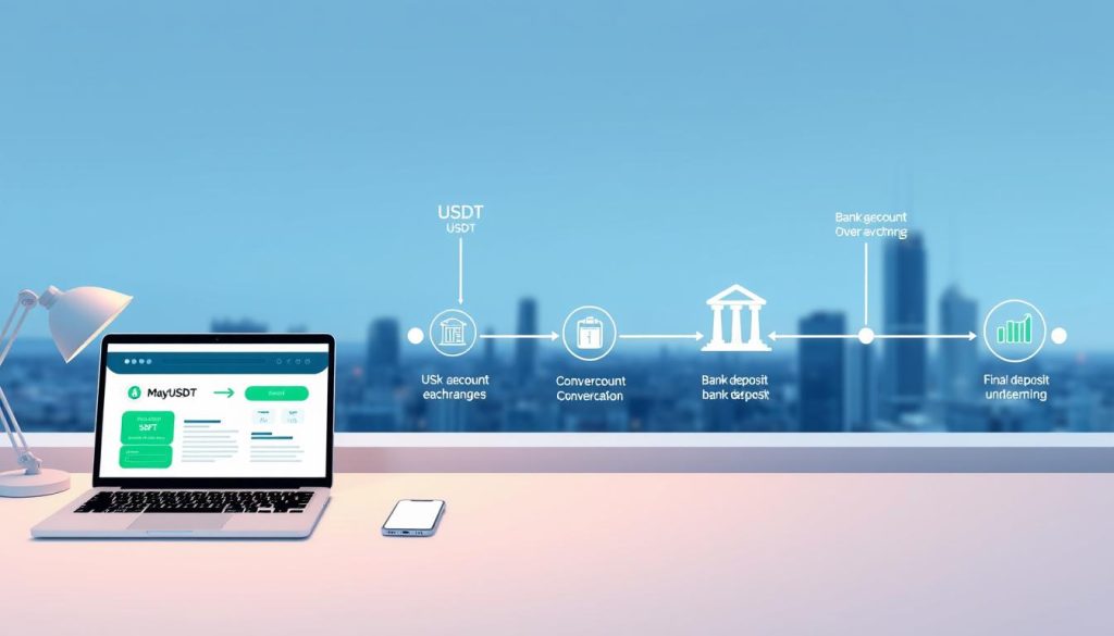 A dynamic timeline illustration depicting the step-by-step journey from converting USDT to a bank account deposit. In the foreground, a clean and organized desk showcases a laptop displaying the USDT exchange process, with a phone nearby symbolizing the banking app interface. In the middle ground, a series of interconnected icons or infographic elements visually guide the viewer through the timeline, including the USDT conversion, bank transfer, and final deposit. The background features a serene cityscape with modern architecture, alluding to the digital, urban environment in which this financial transaction takes place. The lighting is clean and uniform, with a subtle warm tone conveying a sense of efficiency and professionalism. The overall composition should feel streamlined, intuitive, and visually engaging to complement the informative nature of the article.