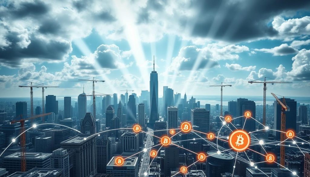 A financial metropolis skyline, with towering skyscrapers and bustling streets. Cranes dot the horizon, symbolizing ongoing construction and economic growth. In the foreground, a network of financial instruments, including stocks, bonds, and cryptocurrencies, swirl and intertwine, representing the interconnectedness of global markets. Beams of light pierce through the clouds, illuminating the scene with a sense of dynamism and opportunity. The image conveys the far-reaching influence of the money markets, as they channel capital from the physical world to the digital realm, shaping the contours of the modern economy.
