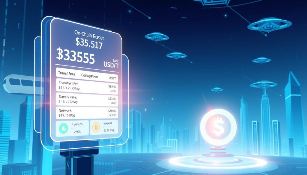 A futuristic illustration showcasing the cost of on-chain cryptocurrency transactions. In the foreground, a holographic display depicts a detailed breakdown of the transfer fees, data rates, and network congestion. The middleground features a sleek, minimalist interface with a USDT token icon, symbolizing the efficiency and speed of the USDT network. In the background, a cityscape of skyscrapers and floating transport modules creates a sense of technological advancement. The scene is illuminated by a cool, blue-hued lighting, conveying a clinical, data-driven atmosphere. The overall composition emphasizes the contrast between the complexity of on-chain mechanics and the user-friendly experience of USDT transactions.