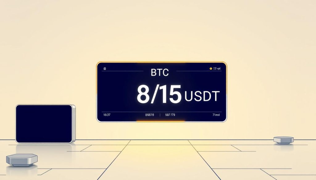 A high-contrast, detailed digital illustration depicting the real-time exchange rate between Bitcoin (BTC) and Tether (USDT). The scene features a clean, minimalist interface with a prominent BTC/USDT exchange rate display at the center. The background is a soft gradient, allowing the key information to stand out. The overall aesthetic is sleek, modern, and technology-focused, conveying the financial nature of the subject matter. Accurate and up-to-date exchange rate data is presented in a clear, easy-to-read format. The composition is balanced, with ample negative space to create a sense of clarity and simplicity.