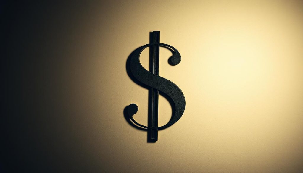 A high-contrast image of the U.S. dollar symbol ("$") rendered in a bold, elegant calligraphic style against a muted, textured background. The dollar sign is the focal point, with its curved lines and distinctive shape filling the frame. The lighting creates dramatic shadows, emphasizing the three-dimensional depth and form of the symbol. The overall composition conveys a sense of stability, reliability, and the intrinsic value of the U.S. dollar.