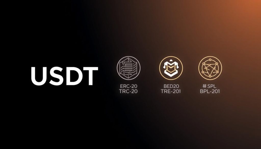 A high-quality, detailed illustration showcasing the various USDT network standards and protocols. In the foreground, a clean, modern graphic representation of the USDT logo, along with the text "USDT 网络 识别" in a sleek, minimalist font. In the middle ground, distinct icons or symbols representing the different USDT network types such as ERC-20, TRC-20, BEP-20, and SPL, each with a clear label. The background features a subtle grid or hexagonal pattern, conveying a sense of technological sophistication. The overall composition should have a professional, informative, and visually appealing aesthetic, suitable for use in a financial technology educational article.