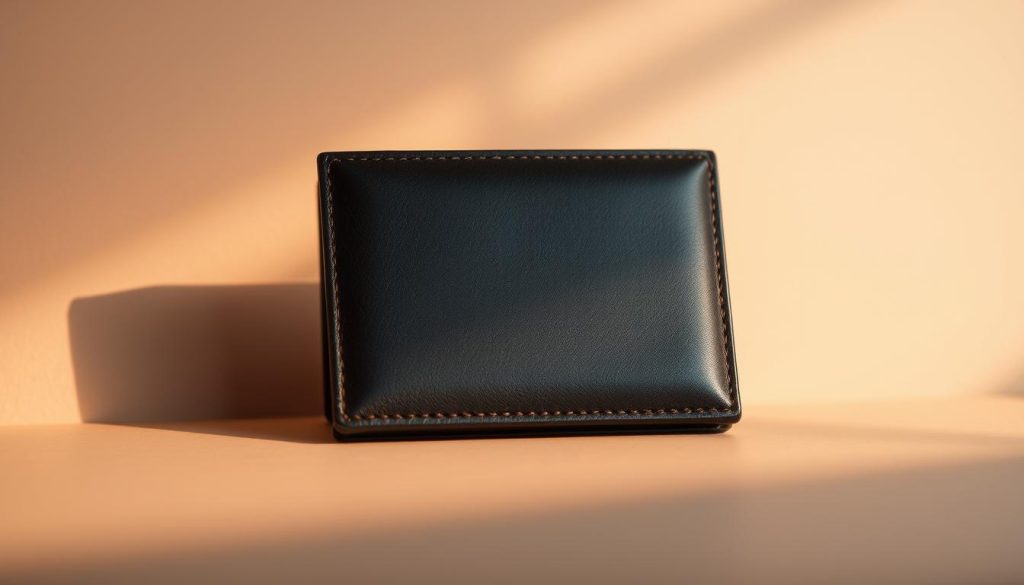 A high-quality leather wallet, elegantly crafted with a sleek, minimalist design. The wallet is set against a soft, muted background, bathed in warm, diffused lighting that casts gentle shadows, creating a sense of depth and dimension. The wallet's surface reflects the light, showcasing the quality of the material and the attention to detail in its construction. The overall composition is balanced and visually appealing, conveying a sense of security, sophistication, and the importance of carefully managing one's financial assets.