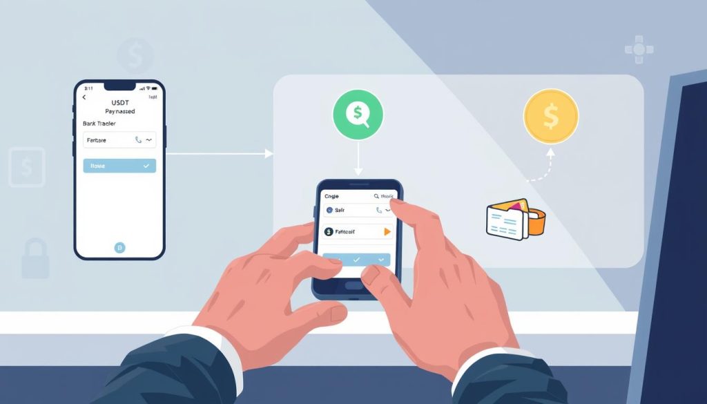 A high-quality, well-lit digital illustration depicting the step-by-step process of purchasing USDT (Tether) cryptocurrency in the United States. The foreground shows a person's hands interacting with a mobile device or computer, navigating through a user-friendly cryptocurrency exchange platform. The middle ground showcases various payment methods such as bank transfer, credit/debit card, or digital wallet. The background features a clean, minimalist design with subtle details alluding to financial transactions and security. The overall mood is informative, straightforward, and accessible, guiding the viewer through the efficient and secure acquisition of USDT.