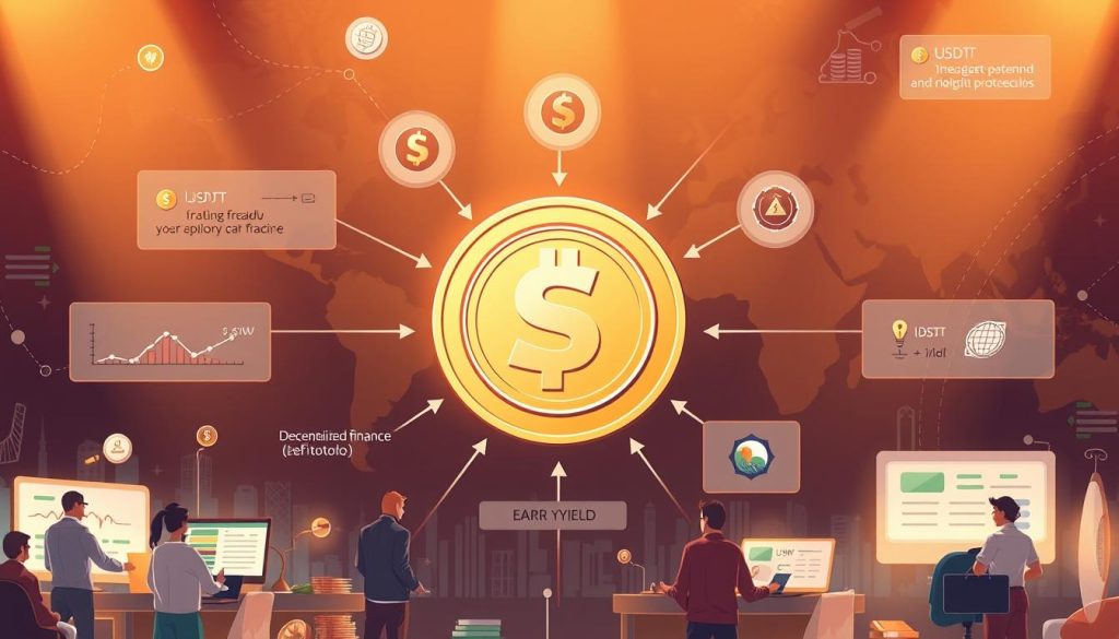 A high-resolution, detailed illustration depicting the various use cases of USDT (Tether), a popular stablecoin. The image shows a central USDT coin surrounded by a rich ecosystem of financial transactions, including trading, lending, borrowing, and earning yield. The foreground depicts individuals and businesses engaged in these activities, with a clean and modern aesthetic. The middle ground showcases the integration of USDT into decentralized finance (DeFi) protocols, while the background hints at the global reach and adoption of USDT. The lighting is warm and inviting, conveying a sense of stability and trust in the USDT ecosystem. The overall mood is one of financial empowerment and the seamless integration of USDT into everyday life.