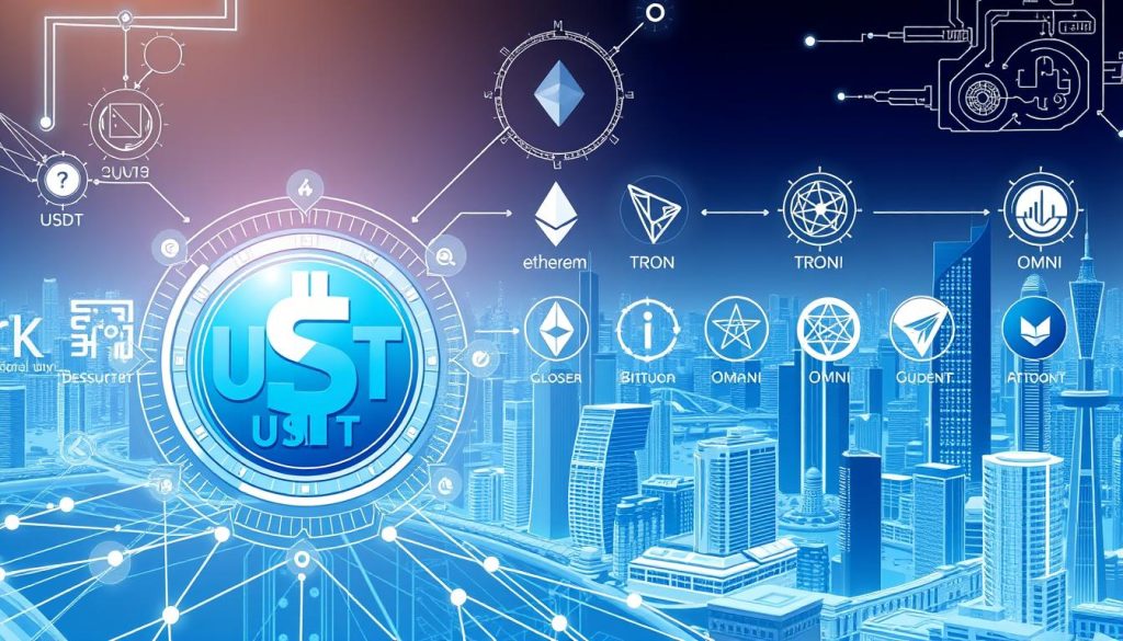 A high-resolution, detailed illustration of the USDT issuance protocol and its role in the cryptocurrency market. The foreground depicts the USDT token itself, with its distinctive blue and white color scheme, surrounded by intricate technical diagrams and blockchain network visualizations. The middle ground showcases the various blockchain protocols and platforms that support USDT, such as Ethereum, Tron, and Omni, each represented by their unique logos and design elements. The background features a cityscape of modern financial centers, symbolizing the widespread adoption and integration of USDT within the global economy. The lighting is bright and crisp, highlighting the technical complexity and importance of USDT's underlying infrastructure. The overall mood conveys a sense of innovation, stability, and the transformative impact of digital currencies on traditional finance.