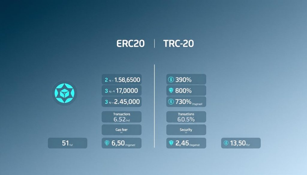 A highly detailed comparison of the ERC-20 and TRC-20 blockchain networks, showcasing their distinct features and transaction costs. The image depicts a sleek, minimalist interface displaying relevant statistics and metrics in a clean, data-driven layout. The foreground features a side-by-side comparison of the two network logos, while the middle ground presents a series of infographic-style visualizations highlighting the key differences in transaction speed, gas fees, and security protocols. The background is a subtly textured gradient, providing a modern, sophisticated backdrop that complements the technical subject matter. The overall mood is one of informative clarity, guiding the viewer through the nuances of these blockchain standards.