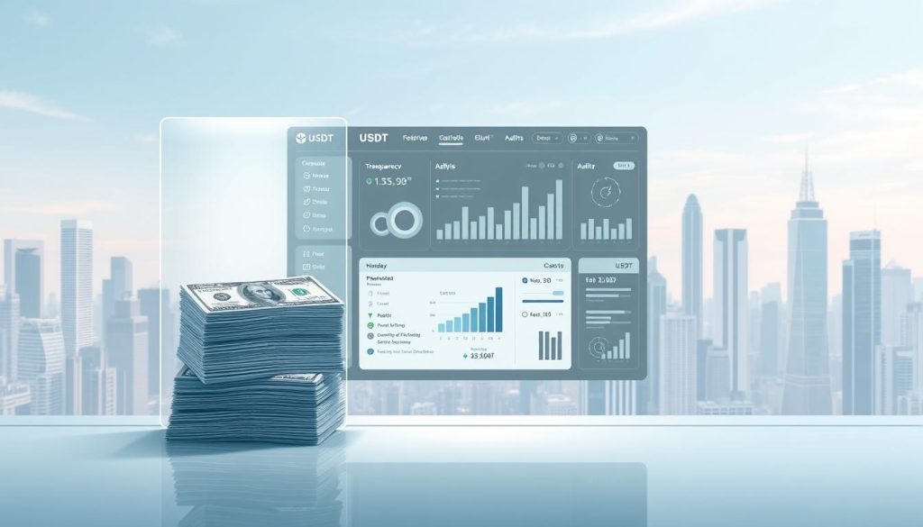 A meticulously detailed and photorealistic illustration of USDT reserves and transparency. A modern and minimalist design showcasing a clean, crisp, and well-organized digital banking interface. The foreground displays a transparent window revealing stacks of US dollar bills, symbolizing the USDT reserve. The middle ground features a sleek dashboard with intuitive controls, analytics, and auditing tools, conveying the transparency of USDT operations. The background is a serene, futuristic cityscape with skyscrapers, reflecting the global reach and institutional adoption of USDT. Lighting is soft and diffused, creating a sense of trustworthiness and reliability. The overall mood is one of confidence, stability, and technological sophistication.