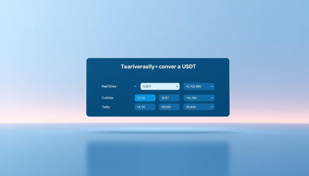 A modern and minimalistic digital interface with clean layout and intuitive user experience. In the foreground, a central panel displaying a real-time USDT conversion calculator, with input fields for various fiat currencies. The background features a subtle grid pattern, conveying a sense of order and precision. Soft, ambient lighting creates a calming atmosphere, while a sleek, streamlined design reflects the digital, effortless nature of online currency conversion. The overall impression is one of simplicity, functionality and visual sophistication, befitting the task of quickly and accurately converting USDT.