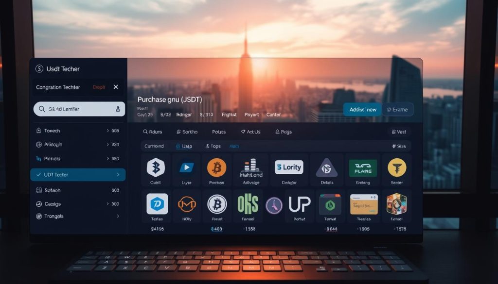 A modern cryptocurrency exchange interface, displaying the purchase of USDT (Tether) digital currency. The foreground features a sleek user dashboard with clear transaction controls, currency conversion tools, and security prompts. The middle ground showcases a range of popular wallets, each with distinct designs and branding. The background depicts a serene cityscape, representing the global interconnectivity of the digital finance ecosystem. Warm lighting casts a sophisticated glow, while the composition emphasizes the seamless user experience of acquiring this widely adopted stablecoin. The overall mood is one of trust, accessibility, and financial empowerment.