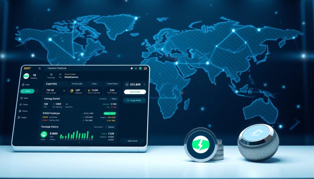 A modern cryptocurrency trading platform with a secure digital wallet interface. The foreground features a sleek user dashboard displaying USDT transaction details, exchange rates, and transaction history. The middle ground showcases a seamless transfer process, with intuitive send and receive functions. The background depicts a global financial network, symbolizing the international reach of USDT remittances. The scene is bathed in a cool, futuristic color palette, conveying a sense of technological sophistication and financial empowerment. Subtle lighting highlights the wallet's robust security features, instilling confidence in the user's cross-border money movement.