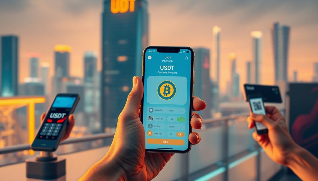 A modern digital finance scene depicting the use of cryptocurrency payments. In the foreground, a person's hand holds a smartphone displaying a USDT digital wallet interface. The middle ground showcases various payment methods, including a contactless credit card reader and a QR code scanner. The background features a cityscape with futuristic architecture, conveying the integration of cryptocurrency into the urban landscape. The lighting is a combination of warm ambient tones and cool neon accents, creating an immersive, high-tech atmosphere. The overall composition emphasizes the seamless integration of USDT payments into everyday life, reflecting the core value and common applications of this cryptocurrency.