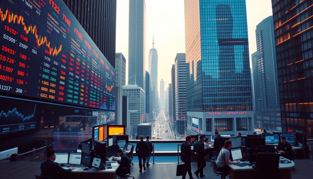 A modern financial district, bustling with activity. In the foreground, a large digital display board showcases real-time cryptocurrency exchange rates, charts, and trading volumes. Brokers and traders scurry between trading terminals, analyzing data and executing transactions. The middle ground features sleek glass towers housing financial institutions, their facades reflecting the city skyline. In the background, a panoramic view of the metropolis, its skyscrapers and neon-lit streets creating an atmospheric, high-tech ambiance. Warm lighting from floor-to-ceiling windows illuminates the scene, casting a sophisticated glow over the cryptocurrency trading marketplace.