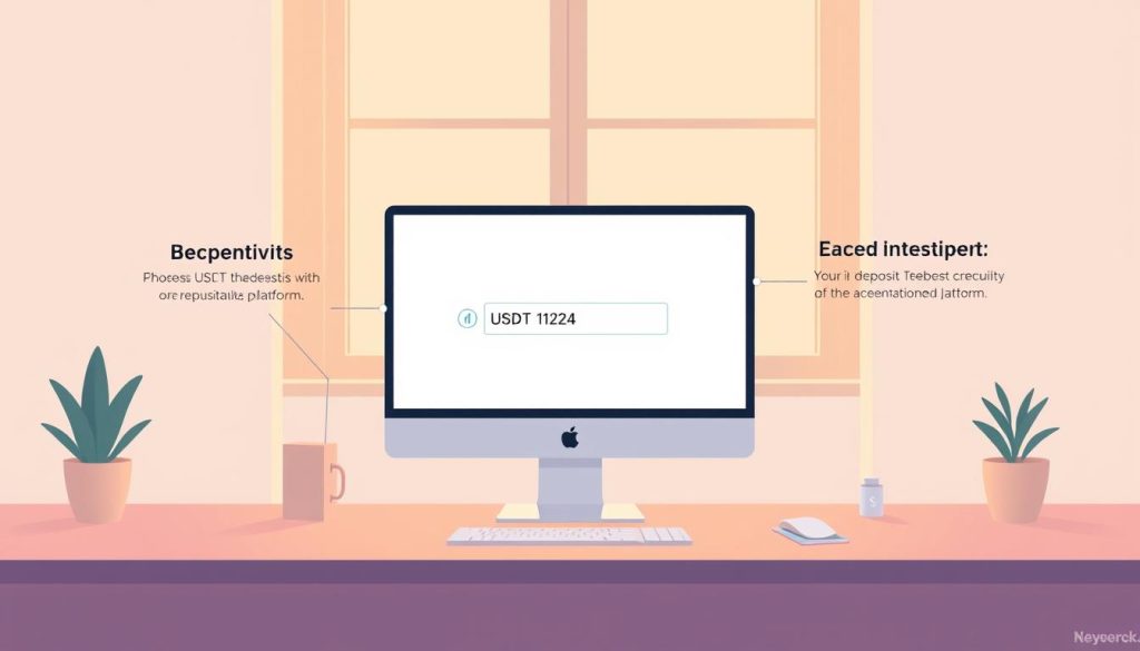 A modern, minimalist digital illustration showcasing the process of purchasing USDT (Tether) on a reputable platform. The focal point is a sleek desktop computer displaying the platform's deposit address, surrounded by subtle UI elements and clean typography conveying the key steps. The overall atmosphere is one of simplicity, security, and accessibility, reflecting the user's confidence in navigating the USDT investment journey. Warm lighting from a large window casts a soft glow, creating a welcoming and trustworthy ambiance. The composition is balanced, with ample negative space to draw the viewer's attention to the core information.