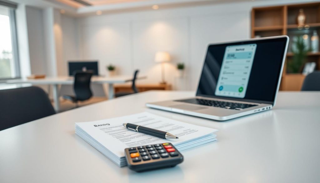 A modern, minimalist office scene with a large desk and a laptop showcasing a banking app interface. On the desk, a stack of documents labeled "开户 账户" alongside a pen and a calculator. The lighting is soft and diffused, creating a professional and focused atmosphere. The camera angle is slightly elevated, giving a clear view of the desk and its contents. The background is blurred, with hints of office furniture and decor, emphasizing the subject matter. The overall mood is one of efficiency, organization, and financial responsibility.