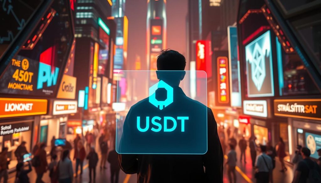A neon-lit cityscape, bustling with activity, serves as the backdrop for a central figure contemplating the choice between different cryptocurrency networks. In the foreground, a holographic display floats, highlighting the USDT logo and offering a clear visual representation of the decision at hand. The scene is bathed in a warm, futuristic glow, with sleek, angular architecture and glowing digital interfaces creating a sense of technological sophistication. The overall atmosphere conveys a sense of deliberation and the importance of the decision, guiding the viewer towards the central focus of the image.