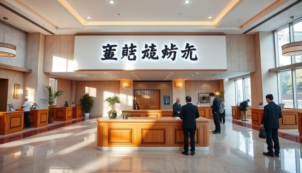 A serene bank interior with a prominent sign reading "转入 银行" in bold Chinese characters. The scene features a spacious lobby with high ceilings, polished marble floors, and rows of wooden teller counters. Soft natural light streams in through large windows, creating a warm and inviting atmosphere. Elegant light fixtures and potted plants add to the refined ambiance. A few customers are quietly waiting in line or conversing with bank staff, while a security guard stands vigilant near the entrance. The overall impression is one of efficiency, professionalism, and trustworthiness, perfectly suited to convey the section title "我可以将USDT转到我的银行账户吗?".