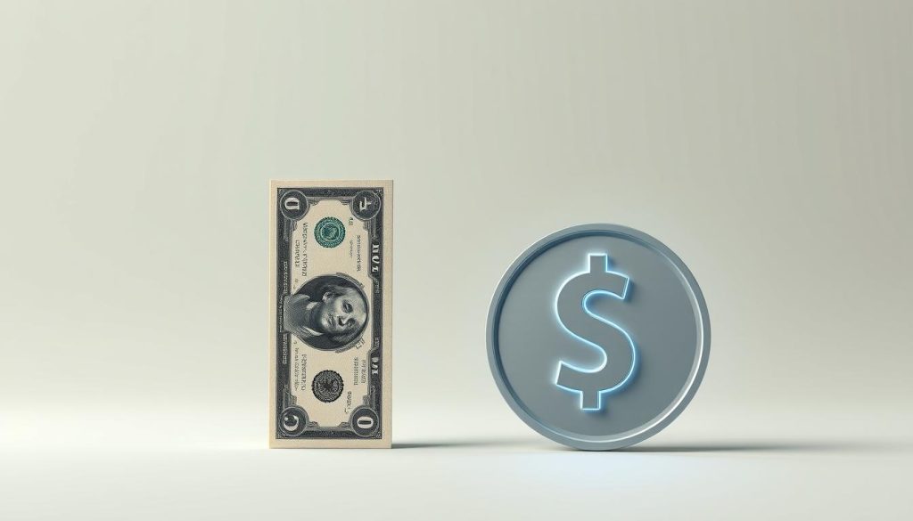 A sleek, minimalistic illustration contrasting the physical form and digital representation of USD and USDT. In the foreground, a crisp, detailed dollar bill stands tall, its intricate design and tactile texture evident. Beside it, a stylized USDT token glows with a subtle digital sheen, its edges softly blurred to convey its virtual nature. The background is a clean, muted gradient, allowing the focal point to remain the clear distinction between the tangible USD and the digital USDT. The lighting is soft and even, accentuating the materials and forms. The camera angle is straight-on, creating a balanced, symmetrical composition that highlights the comparative essence of the two financial instruments.
