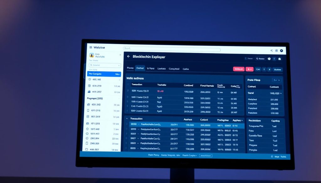 A sleek, modern blockchain explorer interface displayed on a computer screen. In the foreground, a clean dashboard showcases transaction details, wallet balances, and contract addresses in a minimalist, data-driven layout. The background features a subtle hexagonal grid pattern, representing the underlying blockchain infrastructure. Soft lighting illuminates the screen, creating a sense of depth and clarity. The overall atmosphere is one of transparency, efficiency, and technological sophistication, reflecting the purpose of using a blockchain explorer to verify and track cryptocurrency transactions.