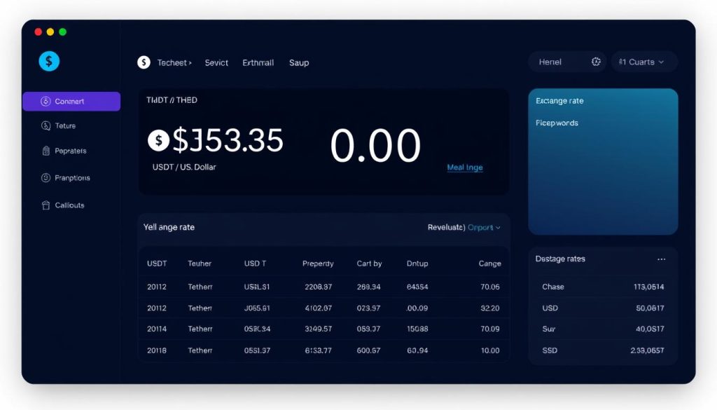 A sleek, modern financial dashboard displaying the real-time exchange rate between USDT (Tether) and USD (US Dollar). The interface features a prominent, easy-to-read digital display showing the current exchange rate, with a subtle gradient background suggesting the ebb and flow of the currency markets. The layout is clean and minimalist, with carefully selected typography and icons to convey the essential information. The overall mood is one of clarity, reliability, and transparency - reflecting the secure and trustworthy nature of the USDT to USD conversion process.