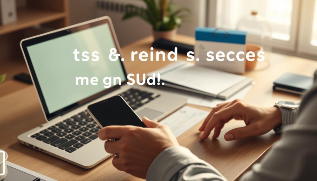 A step-by-step guide showing the safe and secure process of purchasing USDT in the United States. A professional-looking desktop setup with a laptop, smartphone, and financial documents. Soft lighting from the side illuminates the scene, creating a warm, trustworthy atmosphere. The foreground features the user's hands interacting with the devices, while the middle ground showcases the relevant documents and payment methods. The background subtly implies a home office or small business setting. The overall impression conveys a sense of reliability, legality, and attention to detail in the USDT purchasing procedure.