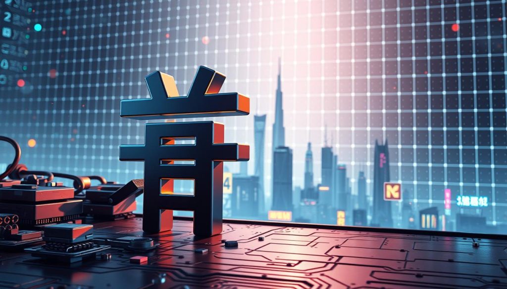 A vibrant 3D illustration of the Chinese character "费用" (which means "cost" or "expense") against a futuristic backdrop. The character is rendered in a sleek, metallic material, casting dynamic shadows on the ground. The foreground features detailed technical elements like circuit boards, transistors, and wire meshes, conveying a sense of complex financial systems. The middle ground showcases a stylized cityscape with towering skyscrapers and neon-lit signage, hinting at the urban landscape of cryptocurrency transactions. The background is filled with a hazy, ethereal grid pattern, suggesting the vast, decentralized network of blockchain technology. The overall mood is one of technological sophistication, financial complexity, and a touch of mystery.