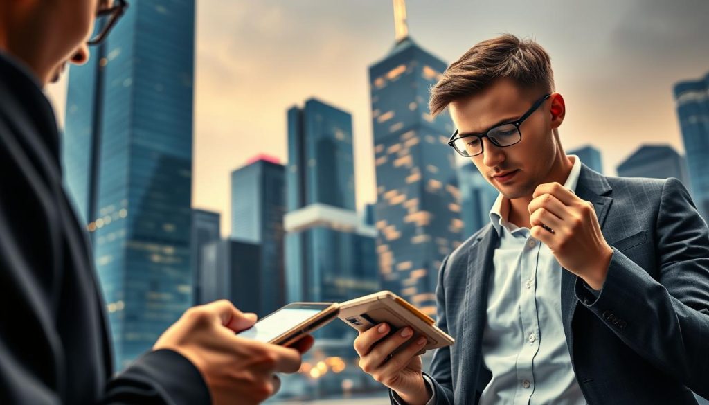 A vibrant and bustling financial transaction scene, showcasing the distinct differences between USDT and Bitcoin. In the foreground, a person uses a sleek mobile device to initiate a seamless USDT payment, the transaction occurring with near-instantaneous speed and minimal fees. In the middle ground, another individual carefully examines a Bitcoin hardware wallet, contemplating the unique properties of decentralized cryptocurrency. The background depicts a modern cityscape, skyscrapers towering overhead, symbolizing the global reach and adoption of these two innovative financial technologies. Soft, warm lighting illuminates the scene, creating a sense of professionalism and reliability. The overall atmosphere conveys the power, versatility, and contrasting characteristics of USDT and Bitcoin.