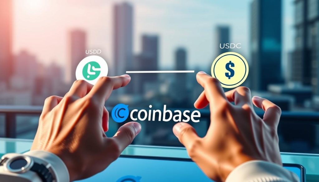 A vibrant, dynamic scene depicting the process of exchanging USDT (Tether) and USDC (USD Coin) for USD (US Dollars) on the Coinbase platform. In the foreground, a person's hands are interacting with a sleek, modern digital interface, tapping and swiping to initiate the conversion. The middle ground features the Coinbase logo and branding, conveying a sense of trust and security. In the background, a blurred cityscape provides a subtle, urban context, hinting at the real-world application of this digital transaction. The overall atmosphere is one of efficiency, ease, and financial empowerment, capturing the essence of the section title "在Coinbase上将USDT兑换为 USD 的实操路径".