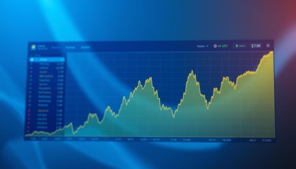 A vibrant market chart depicting the dynamic fluctuations of digital currency rates. In the foreground, a bold line graph illustrates the ebb and flow of USDT against the USD, with sharp peaks and valleys capturing the volatile nature of the cryptocurrency market. The middle ground features a sleek and minimal user interface, allowing the data visualization to take center stage. In the background, a subtle gradient of blues and grays creates a sense of depth and digital ambiance, complementing the analytical nature of the scene. Soft, directional lighting casts gentle shadows, highlighting the key data points and lending an authoritative, professional air to the overall composition.