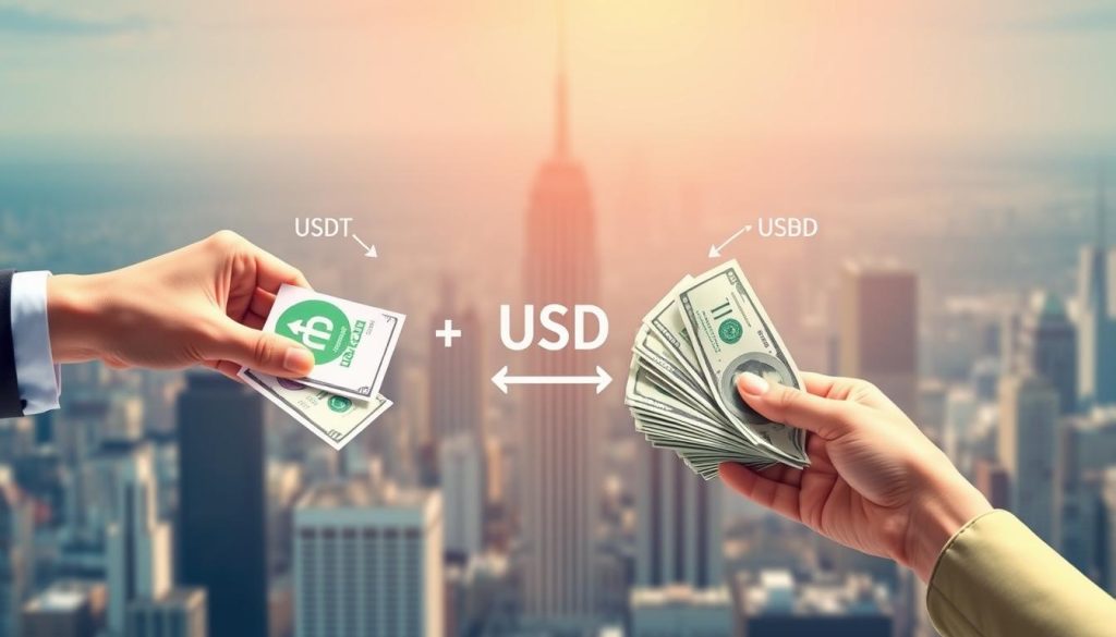A vibrant visual exploration of the multiple paths to convert USDT into USD. In the foreground, a dynamic interaction between two hands, one holding USDT and the other reaching towards USD bills, symbolizing the direct conversion process. In the middle ground, a seamless transition from USDT to USDC/USDD, represented by clean geometric shapes and subtle gradients. The background showcases a cityscape with skyscrapers, reflecting the broader financial landscape where these transactions take place. Warm lighting casts a sense of accessibility and transparency, while a minimalist color palette of blues, greens, and grays conveys a sense of professionalism and trust. The overall composition is balanced, inviting the viewer to engage with the different conversion options available.