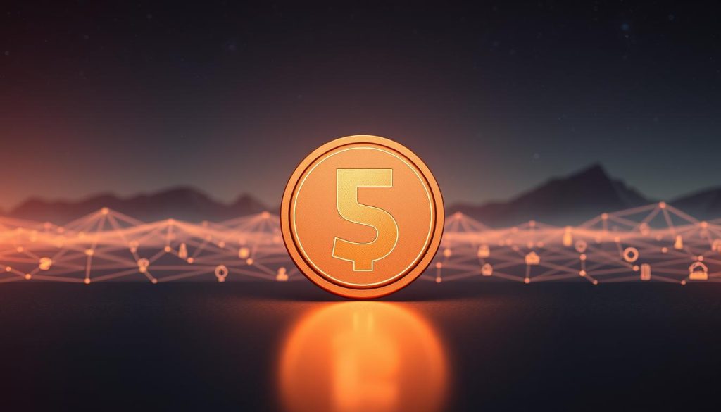 A visually striking image of the evolution of USDT from its Omni Layer origins to a multi-chain stablecoin. In the foreground, a sleek, minimalist depiction of the USDT logo, its metallic surface gleaming under warm, diffused lighting. Behind it, an abstract landscape of interconnected blockchain networks, represented by a tapestry of geometric shapes and lines in a cool, muted color palette. The middle ground features icons and silhouettes symbolizing the various blockchain platforms that now support USDT, creating a sense of depth and complexity. The background showcases a starry night sky, hinting at the global, borderless nature of this digital asset. The overall composition conveys the concept of USDT's evolution and adaptation to the expanding cryptocurrency ecosystem.